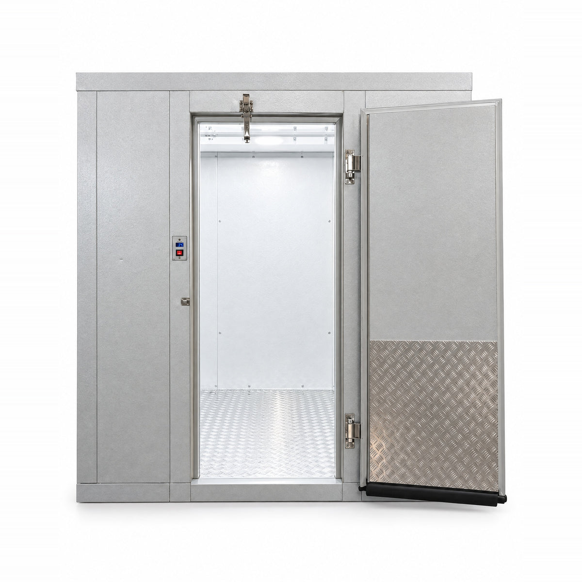Astra Premium walk-in, front view with the door open, lit interior and diamond plate floor