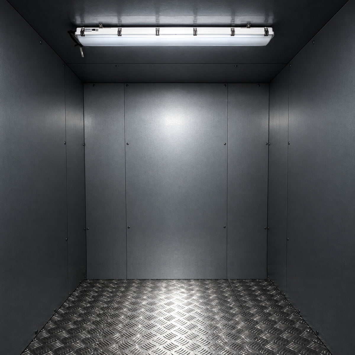Astra Premium walk-in, interior with diamond plate floor, studio lighting