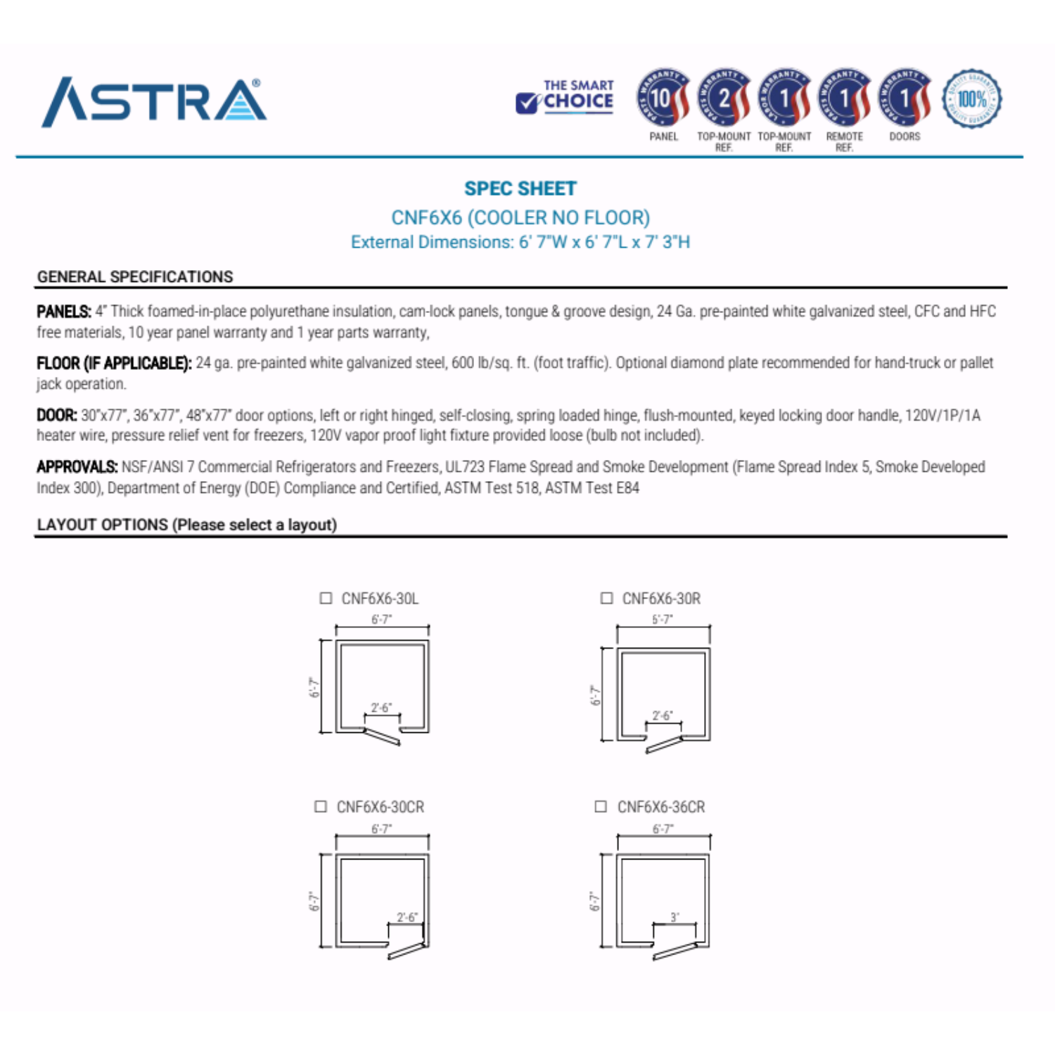 Astra 6 x 6 Walk-In Cooler No Floor CNF6X6