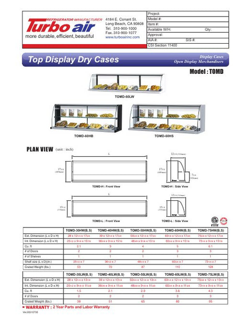 TOMD-50HW Specsheet