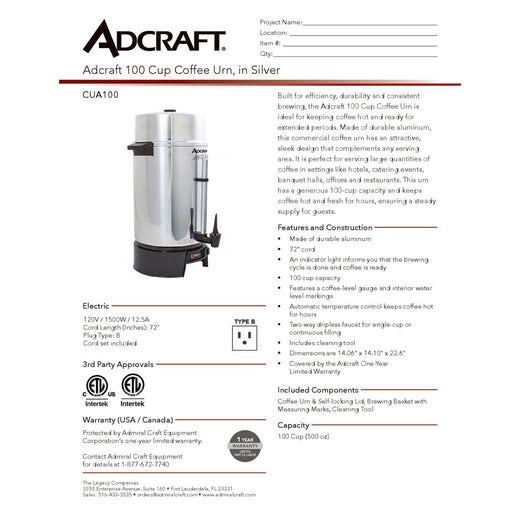 CUA100 Spec Sheet