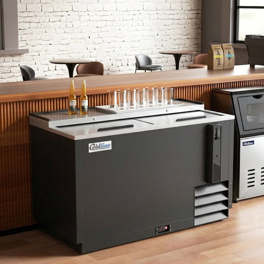 Coldline BBC-50 black horizontal bottle cooler, behind a bar counter (representative image)