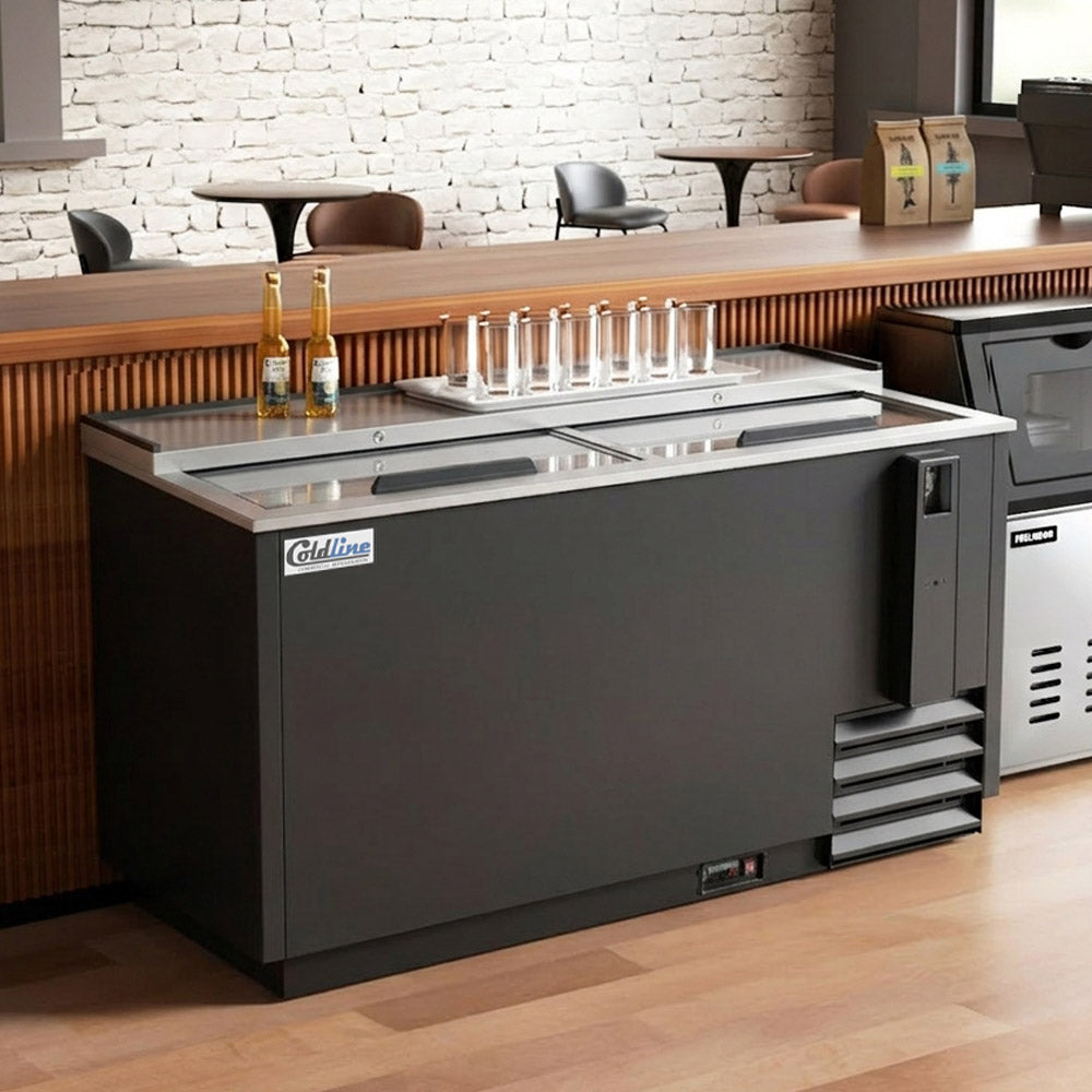 Coldline BBC-65 black horizontal bottle cooler, behind a bar counter (representative image)