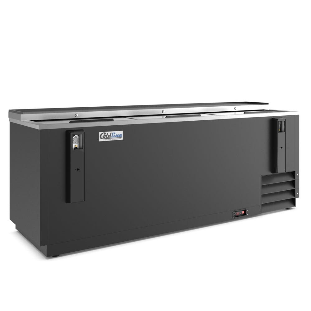 Coldline BBC-80 black horizontal bottle cooler, angled front view