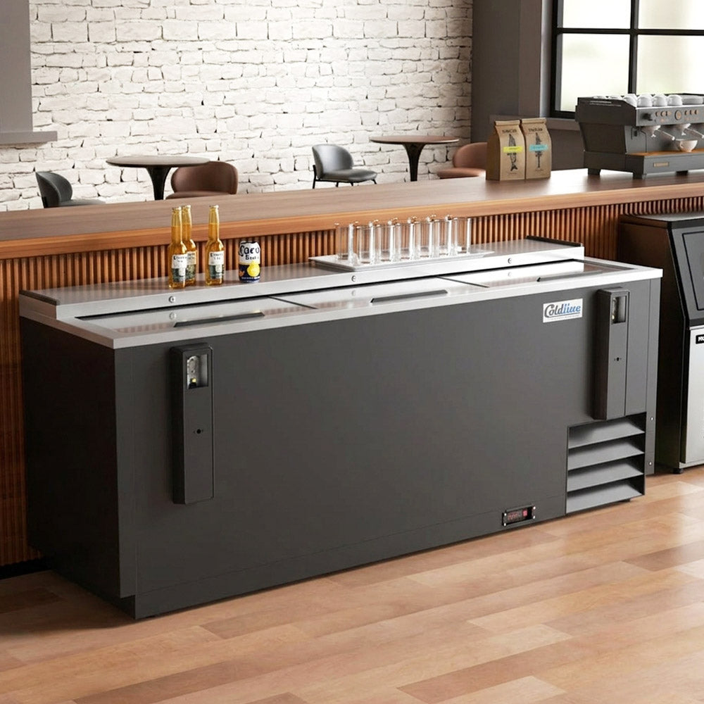 Coldline BBC-80 black horizontal bottle cooler, behind a bar counter (representative image)