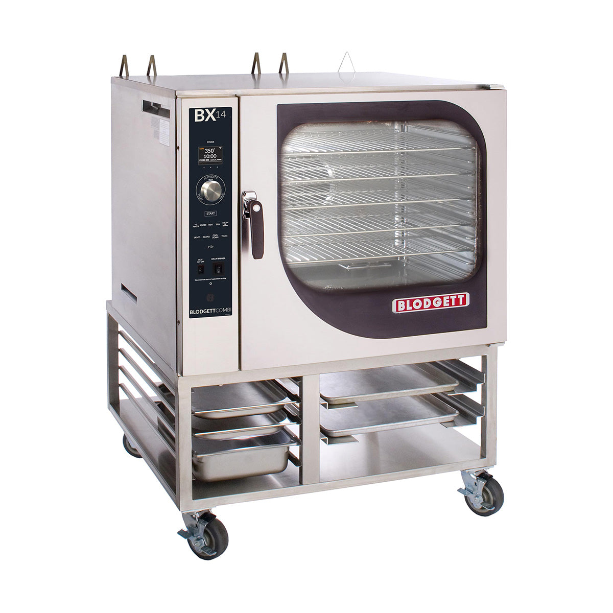 Blodgett BX-14G SGL boilerless gas combi oven on floor stand with rack supports, front angle view
