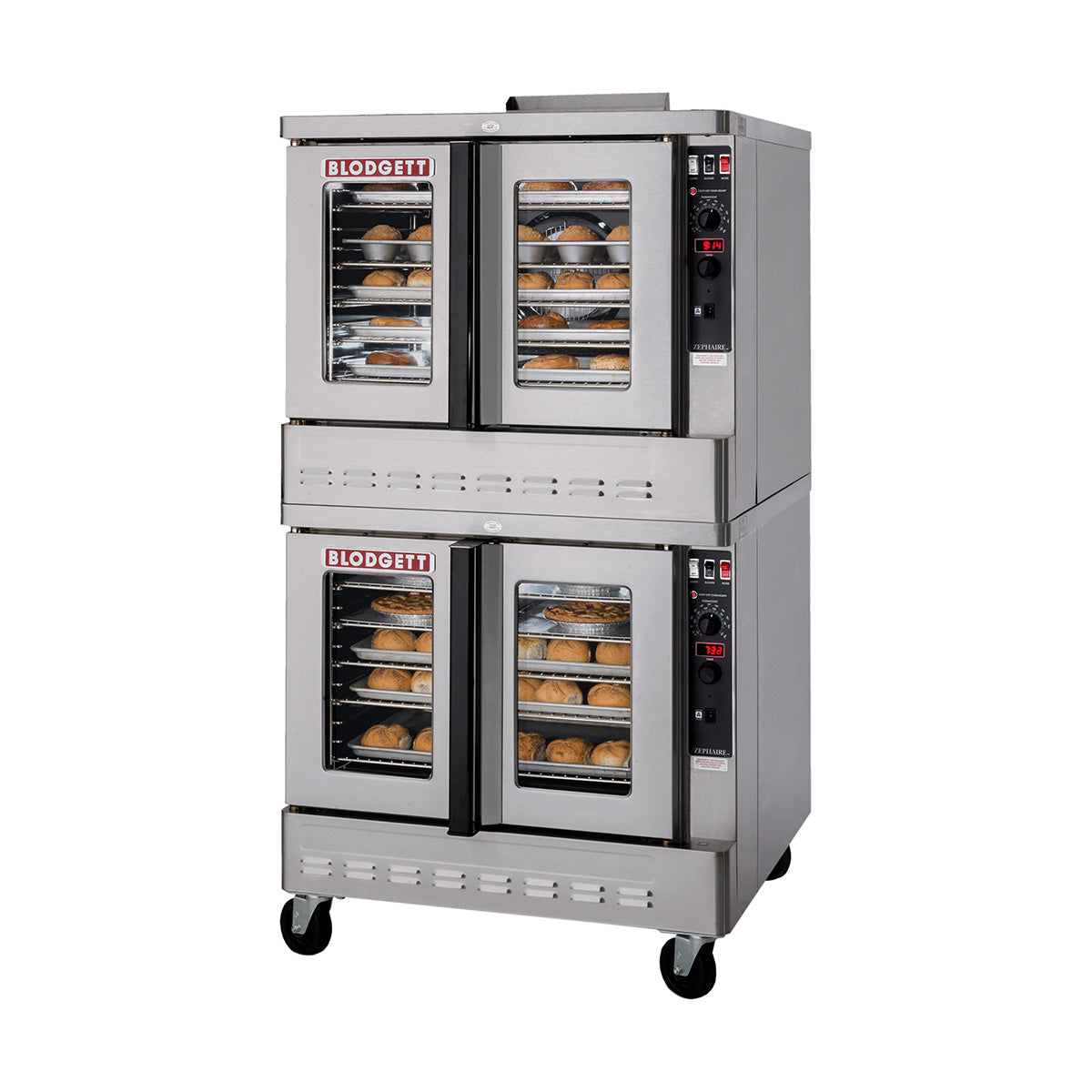 Blodgett Zephaire ZEPH-100-G DBL gas convection oven, double stack on optional casters, racks loaded with pans