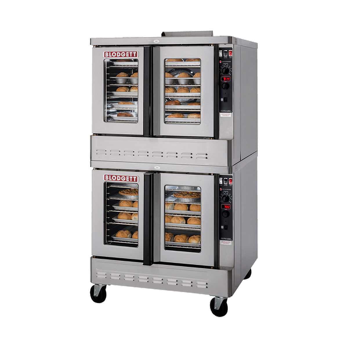 Blodgett Zephaire ZEPH-200-G DBL gas convection oven, double stack on optional casters, racks loaded with pans