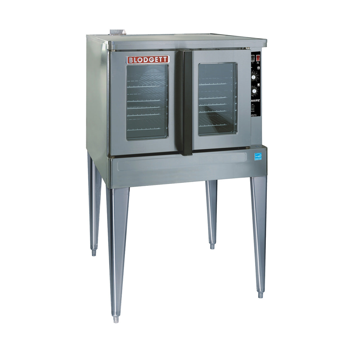 Blodgett Zephaire ZEPH-200-G-ES SGL gas convection oven, angled front view on legs, left side
