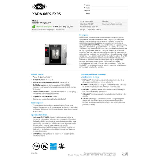 Spec Sheet Spanish
