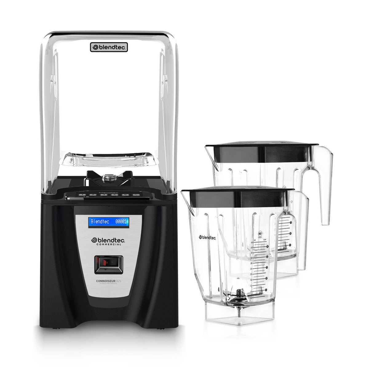 Blendtec C825C11Q-B1NB1R1 Connoisseur 825 blender with sound enclosure and two jars beside it