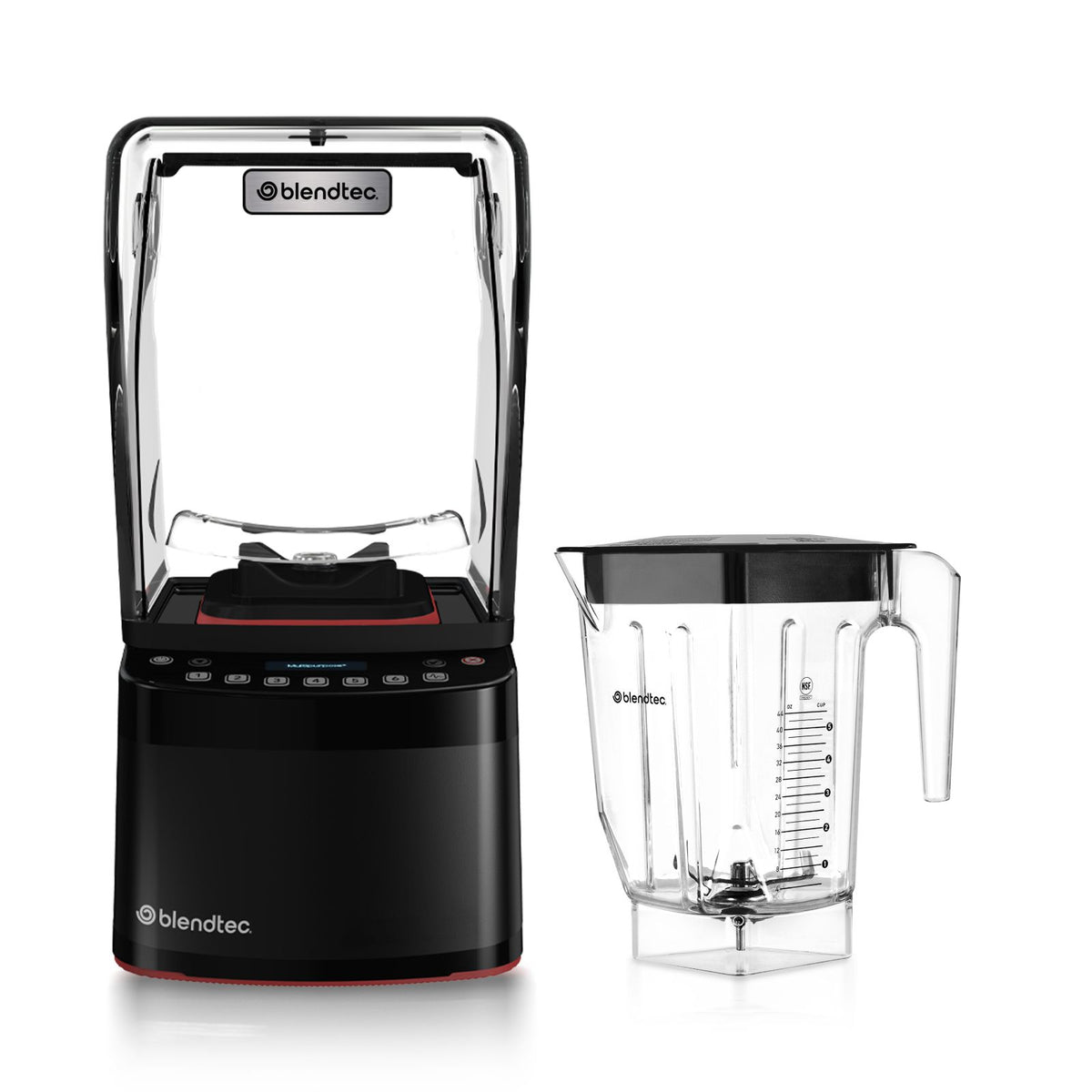 Blendtec S885C2901-A1UA1R Stealth 885 blender with sound enclosure and a jar beside it, front view