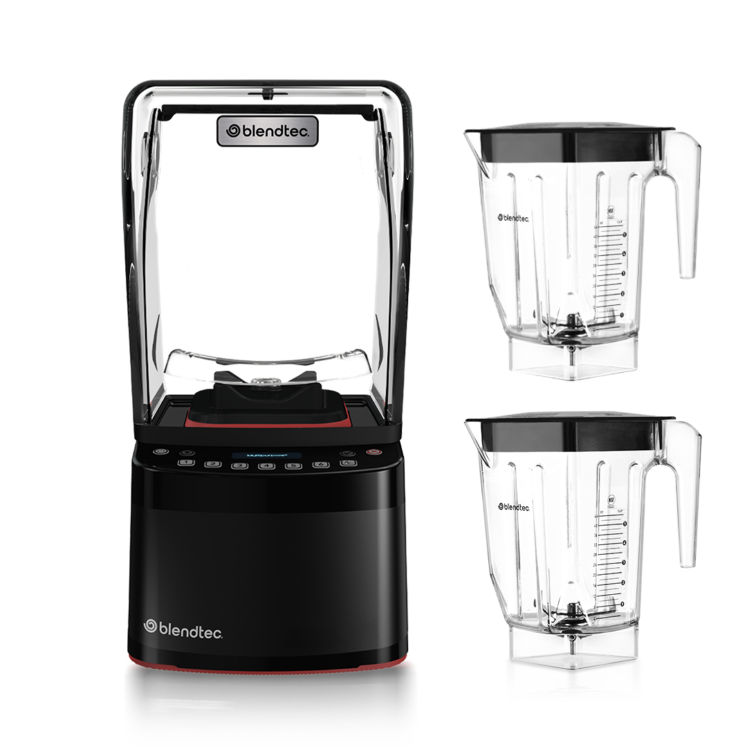 Blendtec S885C2901-B1NB1R1 Stealth 885 blender with sound enclosure and two jars beside it