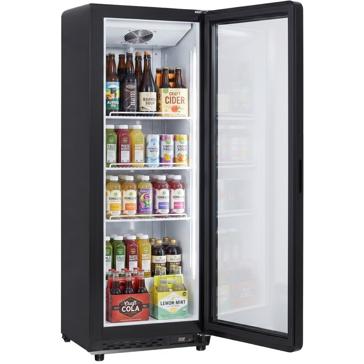 Unity BLU-22SB glass door merchandiser refrigerator, door open, stocked with drinks