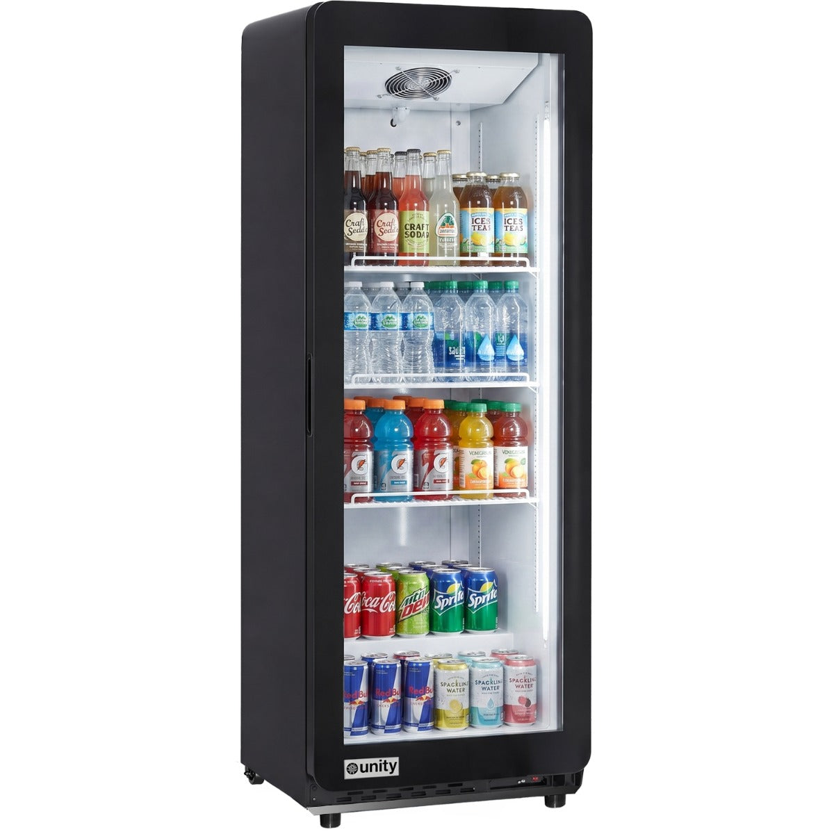 Unity BLU-22SB glass door merchandiser refrigerator, stocked with drinks, front view