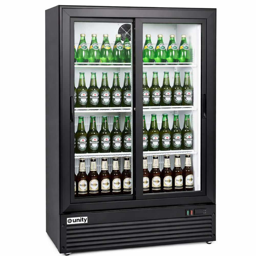 Unity BLU-36SB sliding glass door merchandiser refrigerator, stocked with bottles, front view