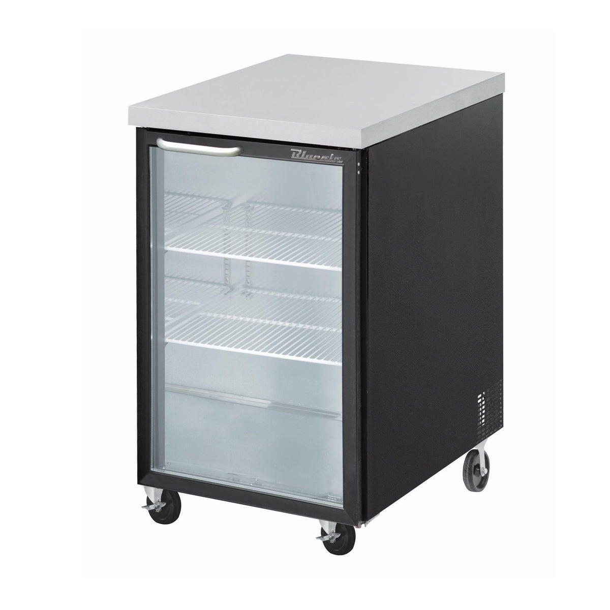 Blue Air BBB23-1BG-HC back bar cooler with a glass door, black finish, front angle view