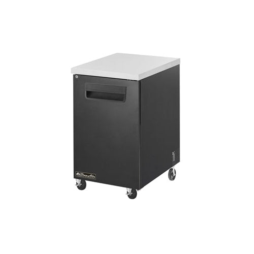 Blue Air BBB23-1S-HC back bar cooler with a solid door, front angle view; photo shows a black cabinet