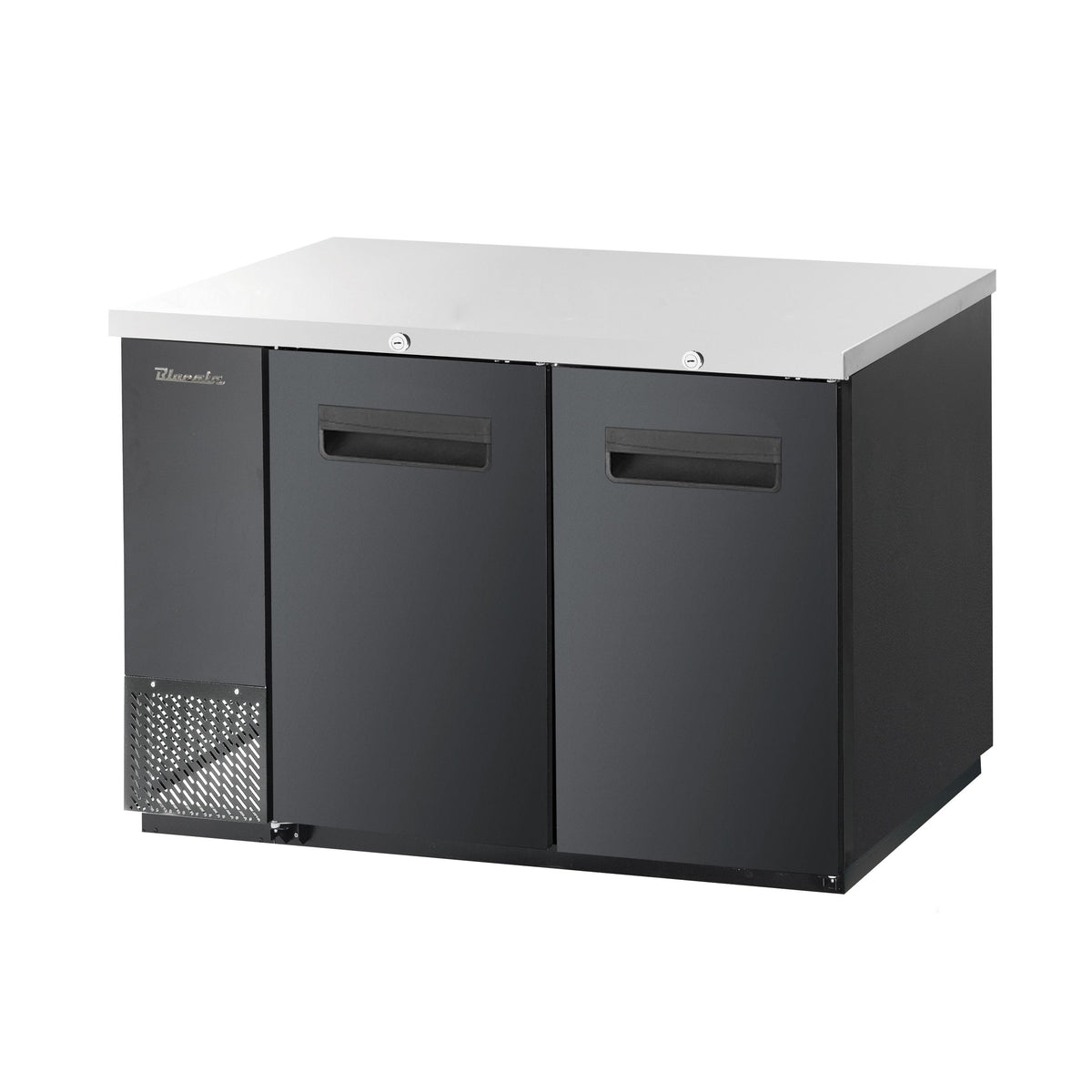 Blue Air BBB59-2B-HC back bar cooler with solid doors, black finish, front angle view