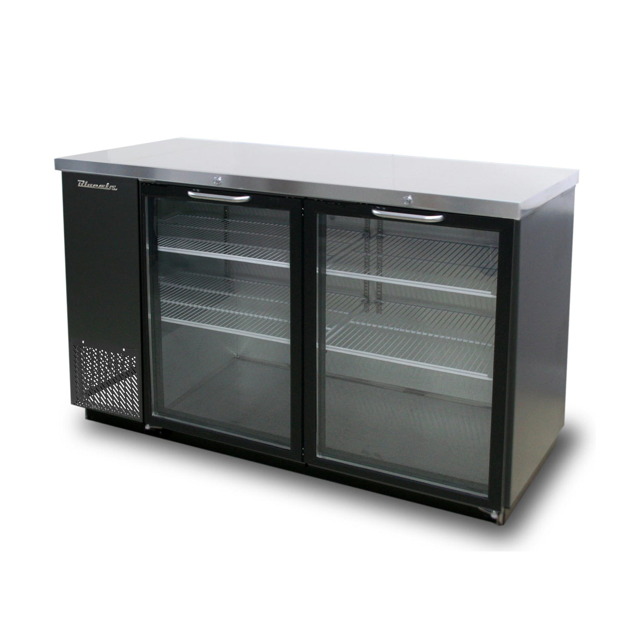 Blue Air BBB59-2BG-HC back bar cooler with glass doors, black finish, front angle view
