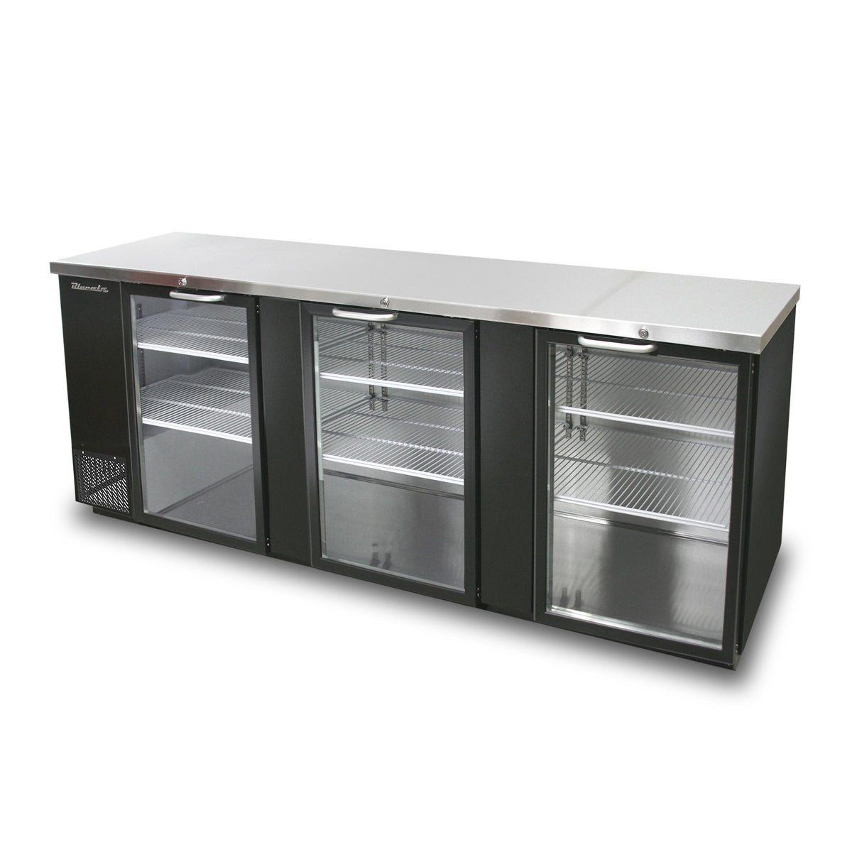 Blue Air BBB90-4BG-HC back bar cooler with glass doors, black finish, front angle view