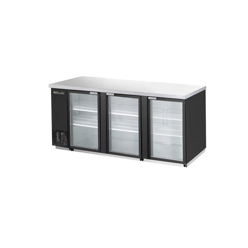 Blue Air BBB90-4SG-HC back bar cooler with glass doors, front angle view; photo shows a black cabinet
