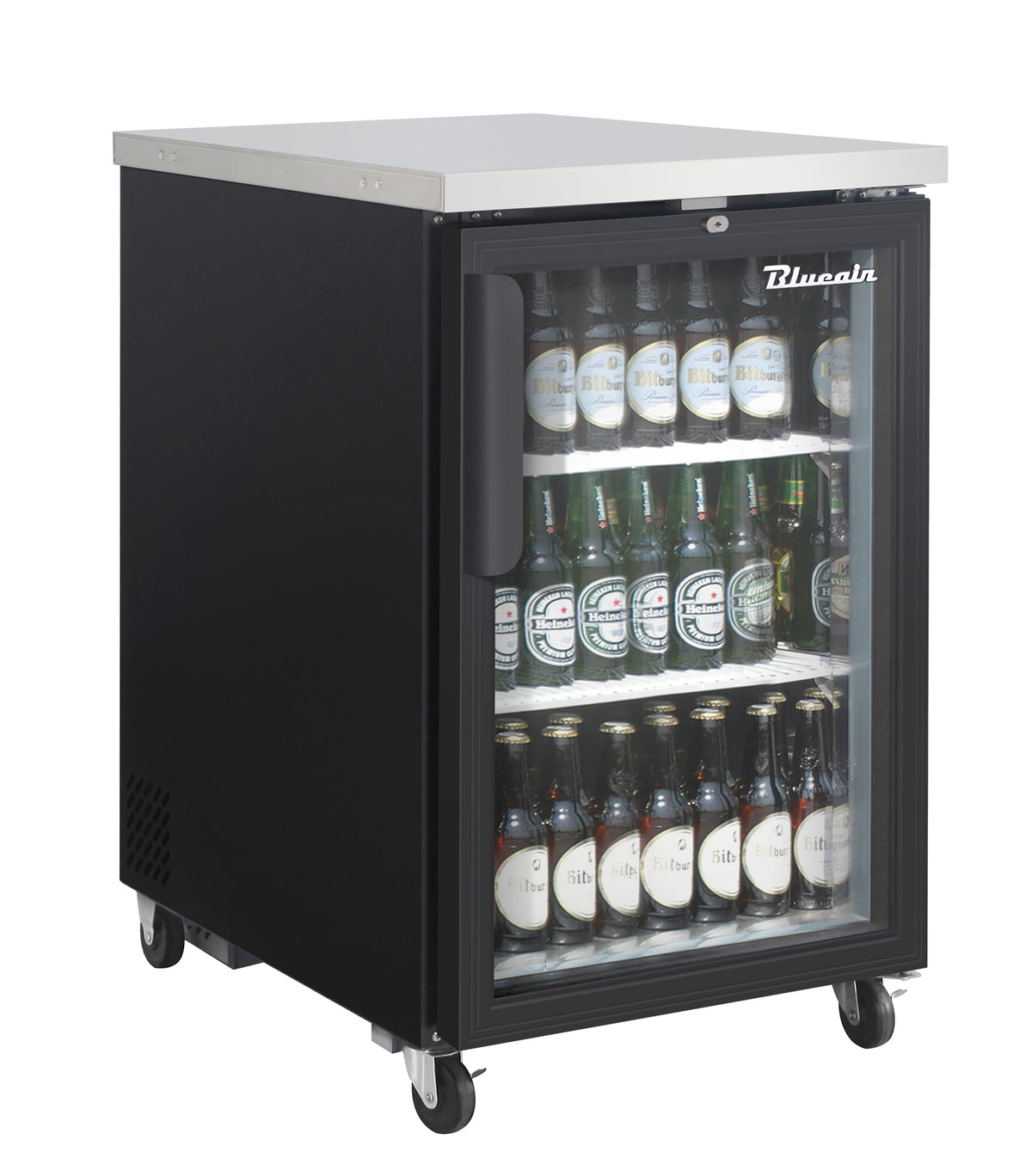 Blue Air BLBB23-1BG-HC back bar cooler with a glass door, black finish, front angle view