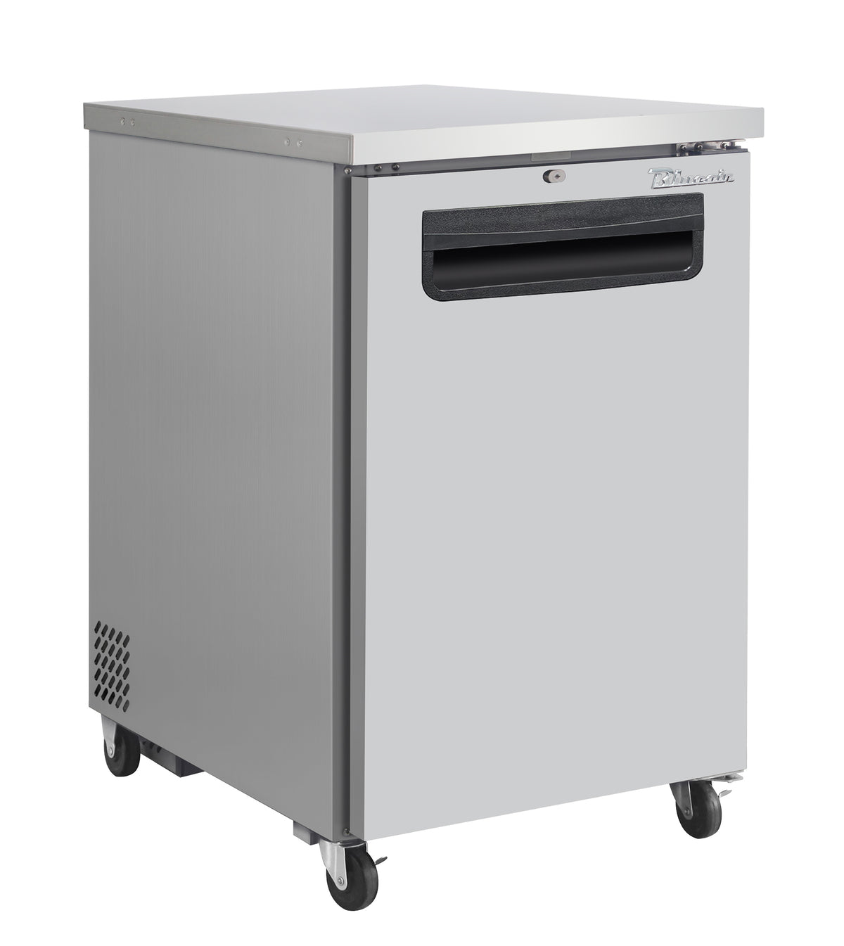 Blue Air BLBB23-1S-HC back bar cooler with a solid door, stainless steel finish, front angle view