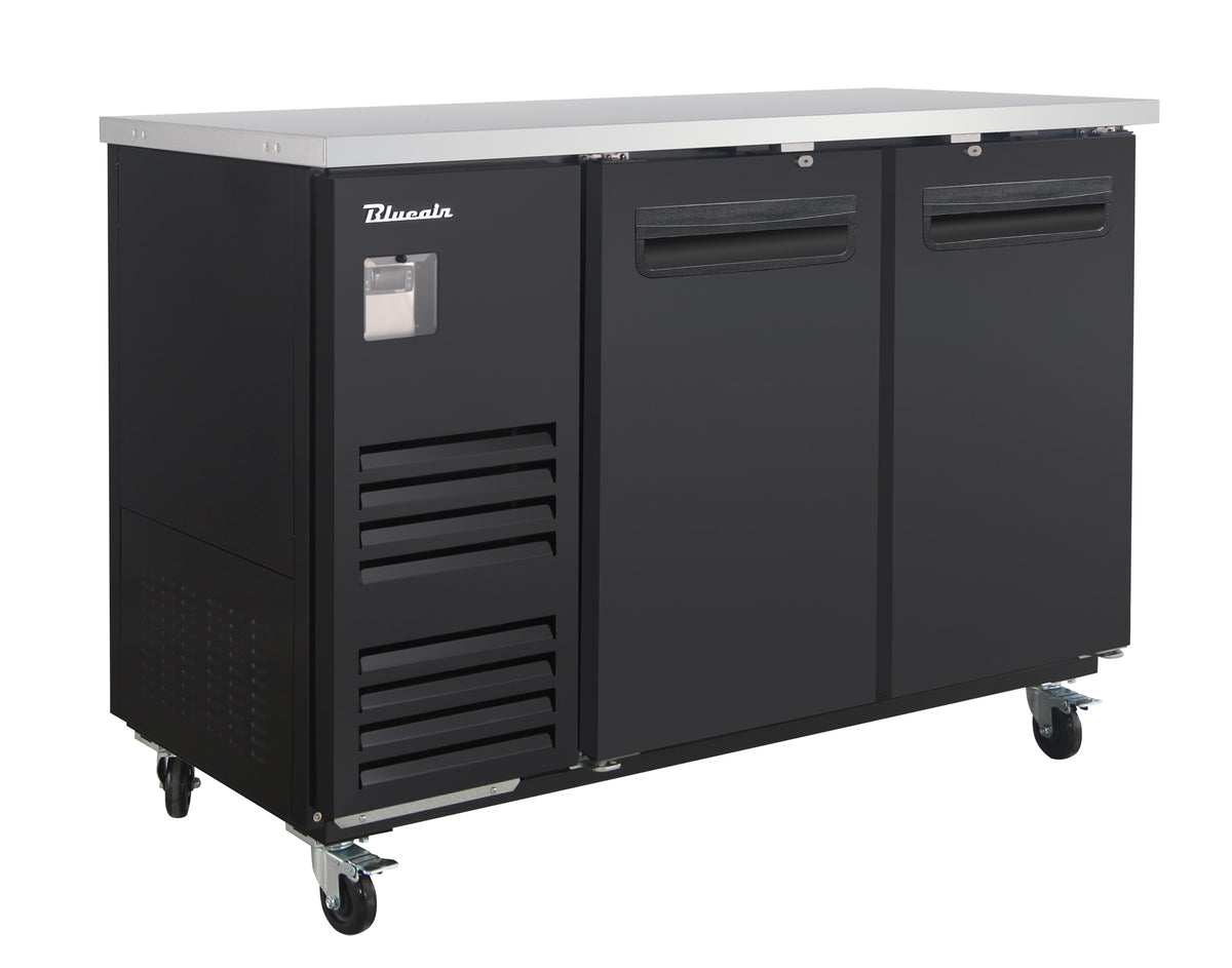 Blue Air BLBB59-2B-HC back bar cooler with solid doors, black finish, front angle view