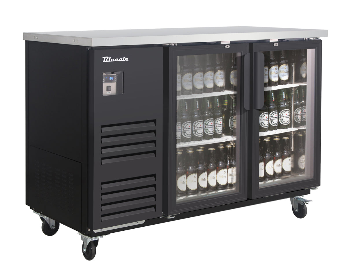 Blue Air BLBB59-2BG-HC back bar cooler with glass doors, black finish, front angle view