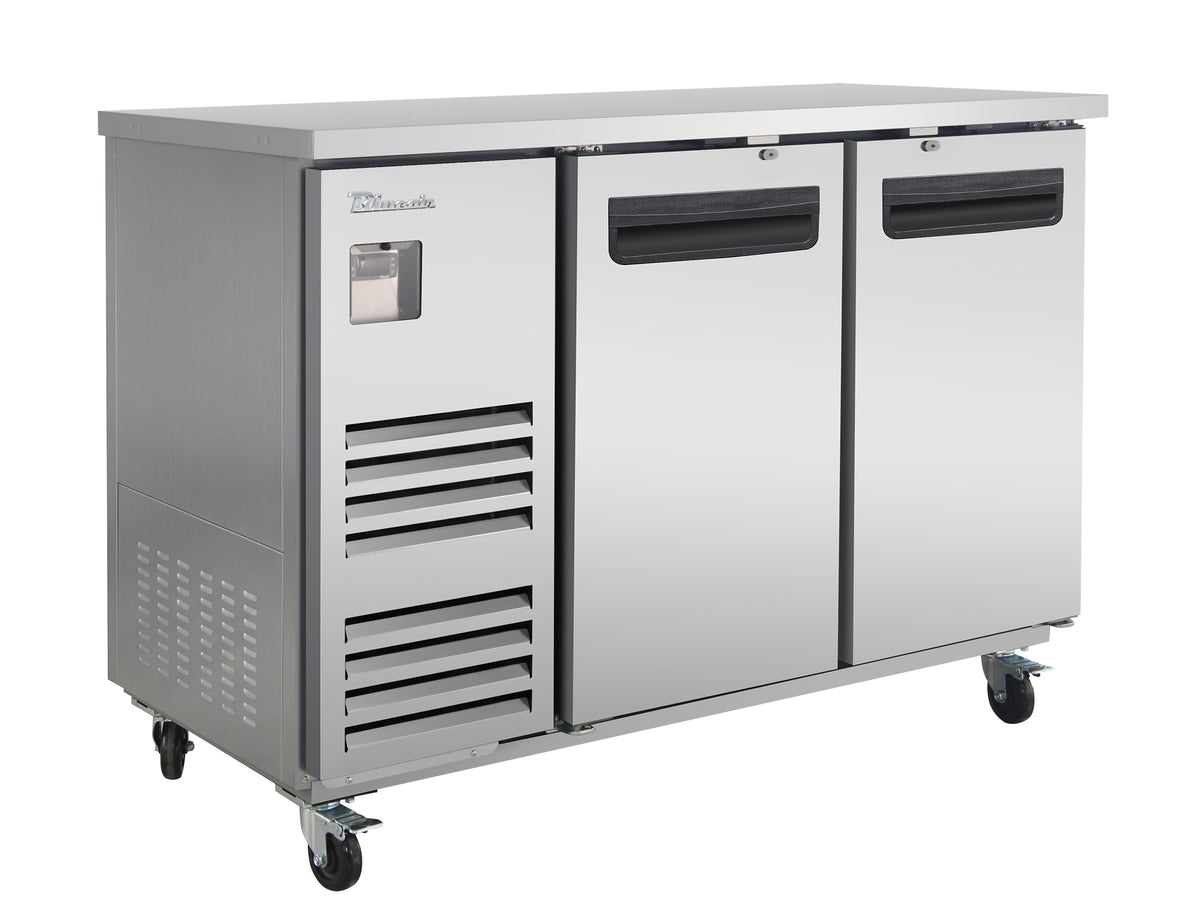 Blue Air BLBB59-2S-HC back bar cooler with solid doors, stainless steel finish, front angle view
