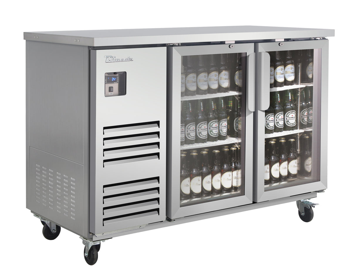 Blue Air BLBB59-2SG-HC back bar cooler with glass doors, stainless steel finish, front angle view