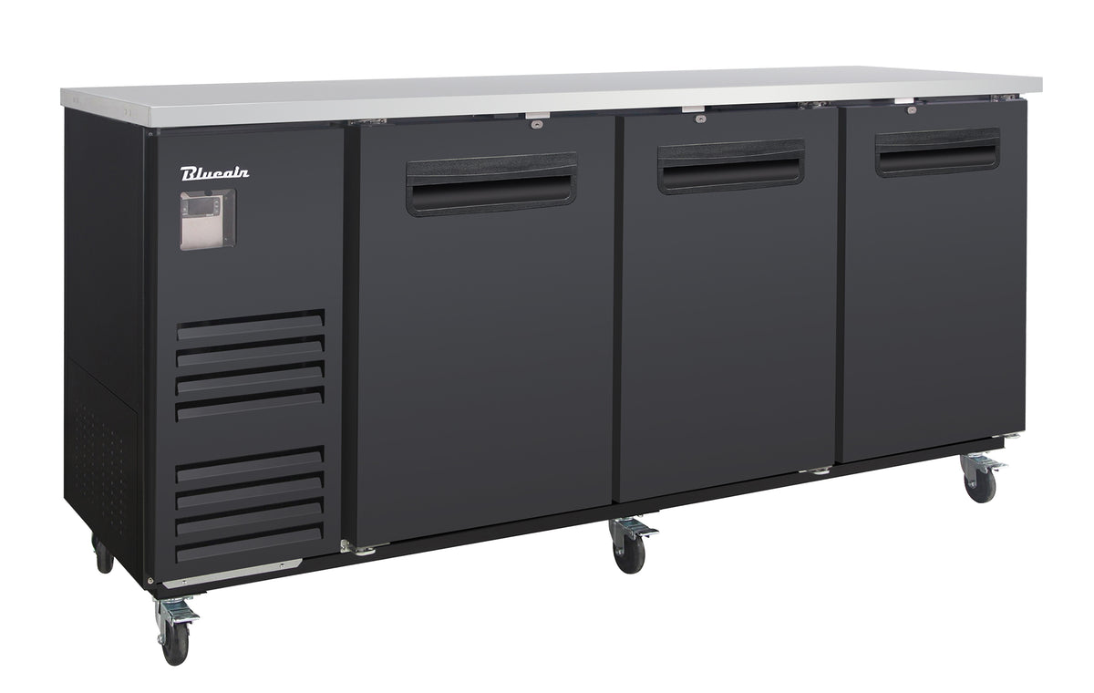 Blue Air BLBB90-4B-HC back bar cooler with solid doors, black finish, front angle view