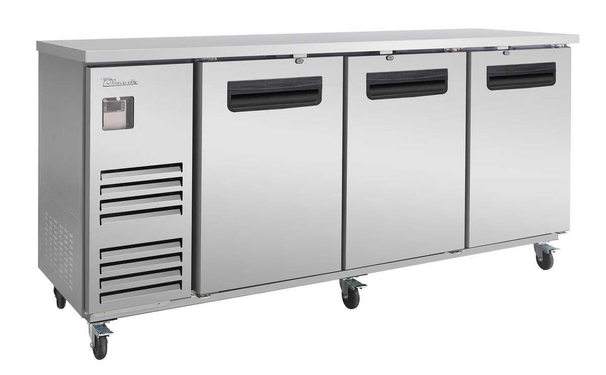 Blue Air BLBB90-4S-HC back bar cooler with solid doors, stainless steel finish, front angle view