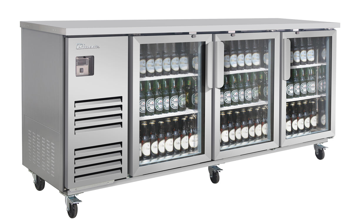 Blue Air BLBB90-4SG-HC back bar cooler with glass doors, stainless steel finish, front angle view