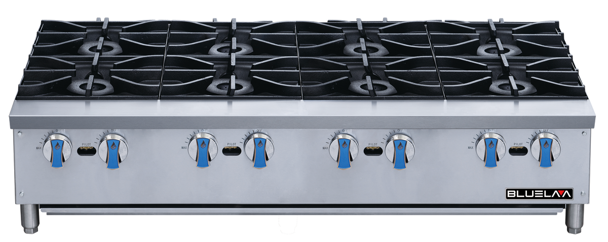 Blue Air BLHP48 48" countertop gas hot plate with 8 open burners, front view