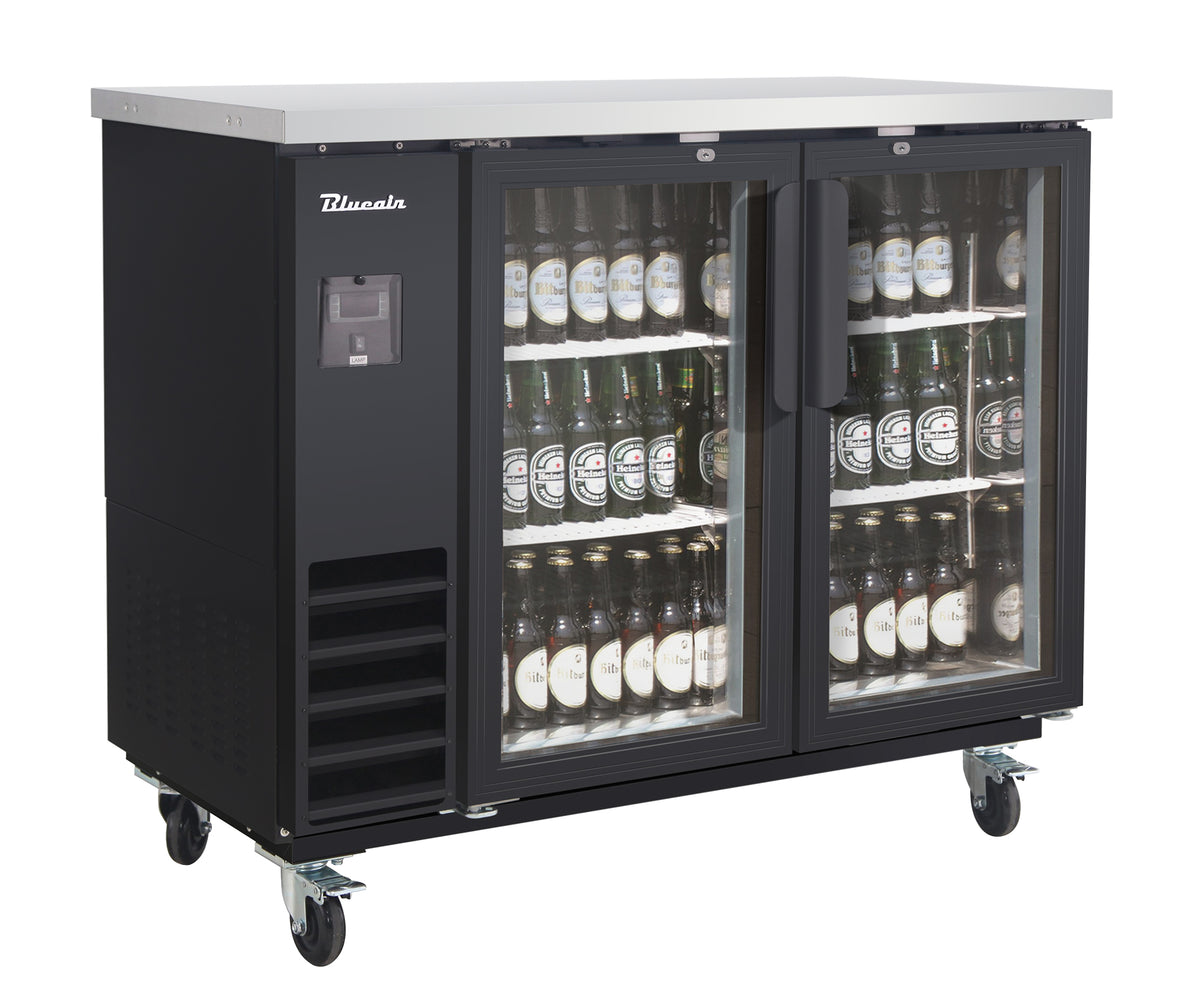 Blue Air BLNBB-48BG-HC narrow back bar cooler with glass doors, black finish, front angle view