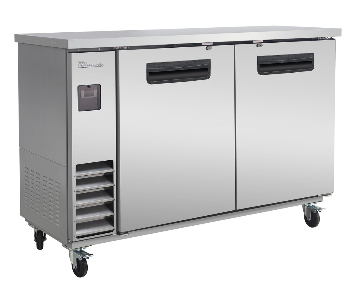 Blue Air BLNBB-60S-HC narrow back bar cooler with solid doors, stainless steel finish, front angle view