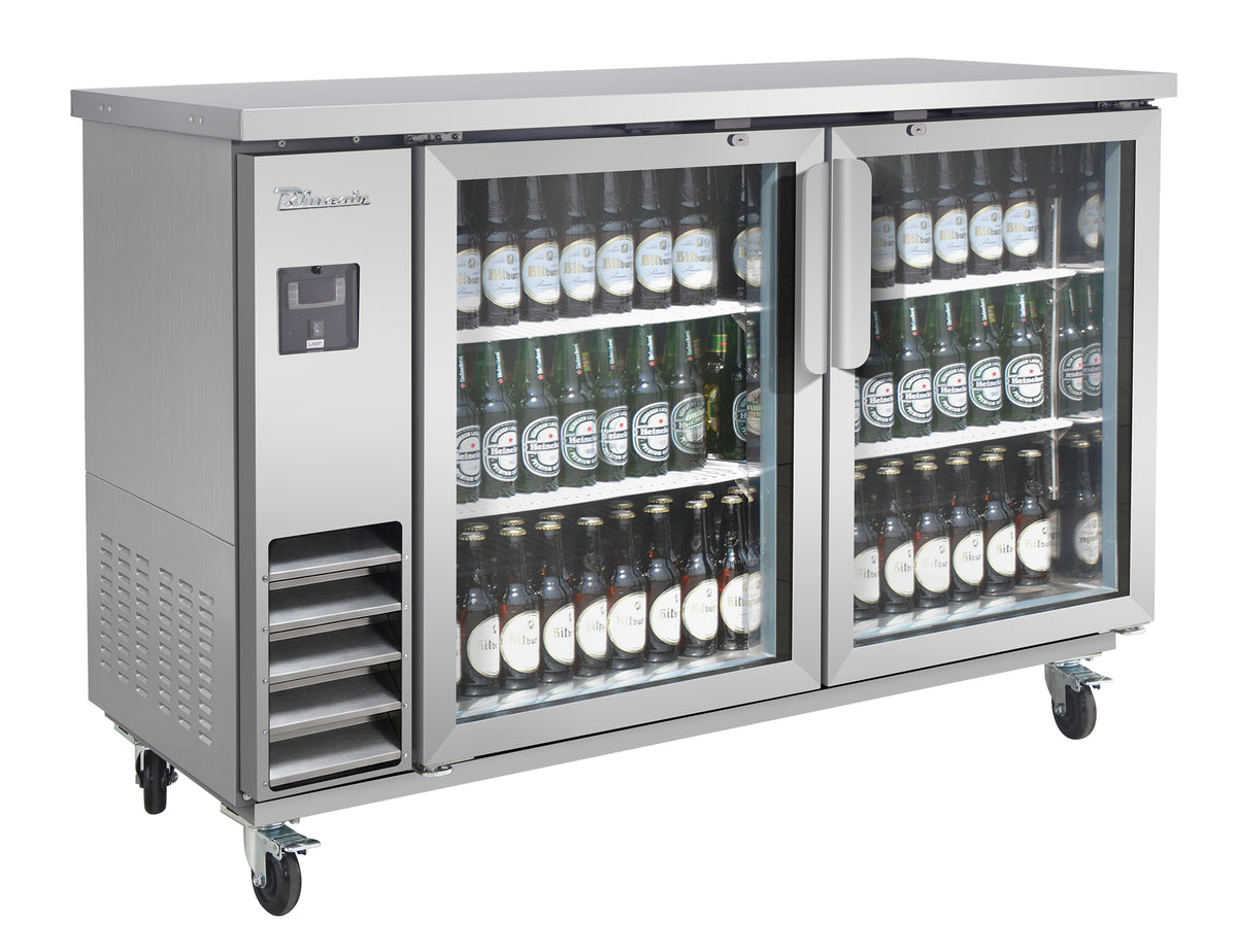 Blue Air BLNBB-60SG-HC narrow back bar cooler with glass doors, stainless steel finish, front angle view