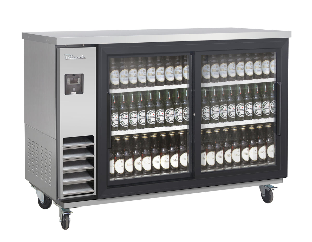 Blue Air BLNBB-60SG-SL-HC narrow back bar cooler with sliding glass doors, stainless steel finish, front angle view
