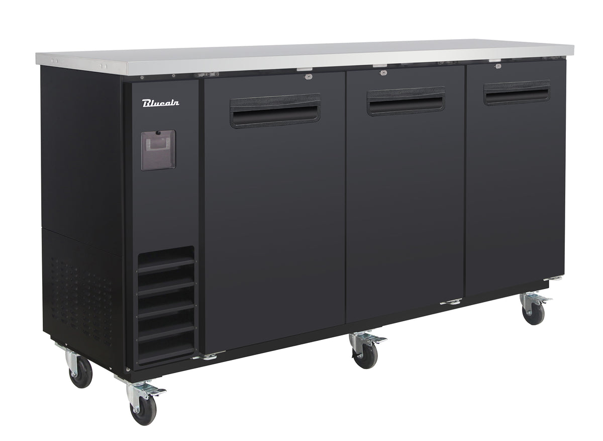 Blue Air BLNBB-72B-HC narrow back bar cooler with solid doors, black finish, front angle view