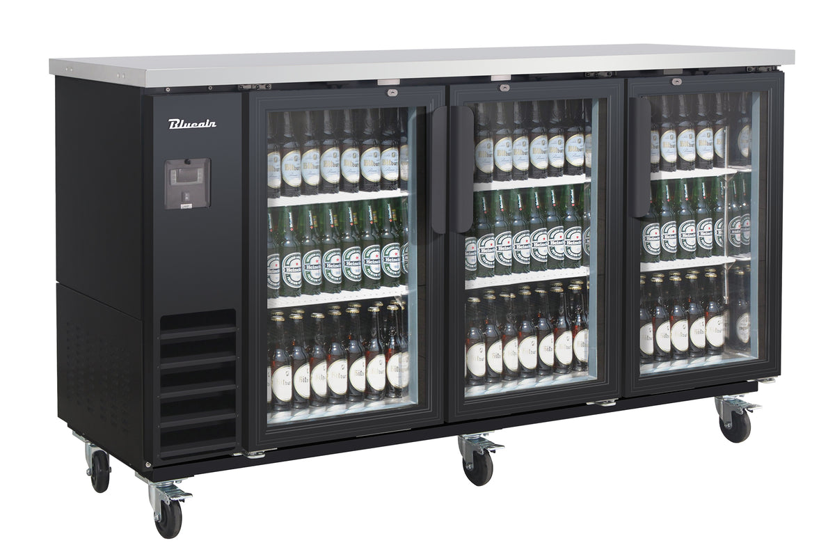 Blue Air BLNBB-72BG-HC narrow back bar cooler with glass doors, black finish, front angle view