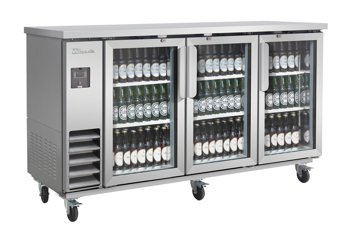 Blue Air BLNBB-72SG-HC narrow back bar cooler with glass doors, stainless steel finish, front angle view