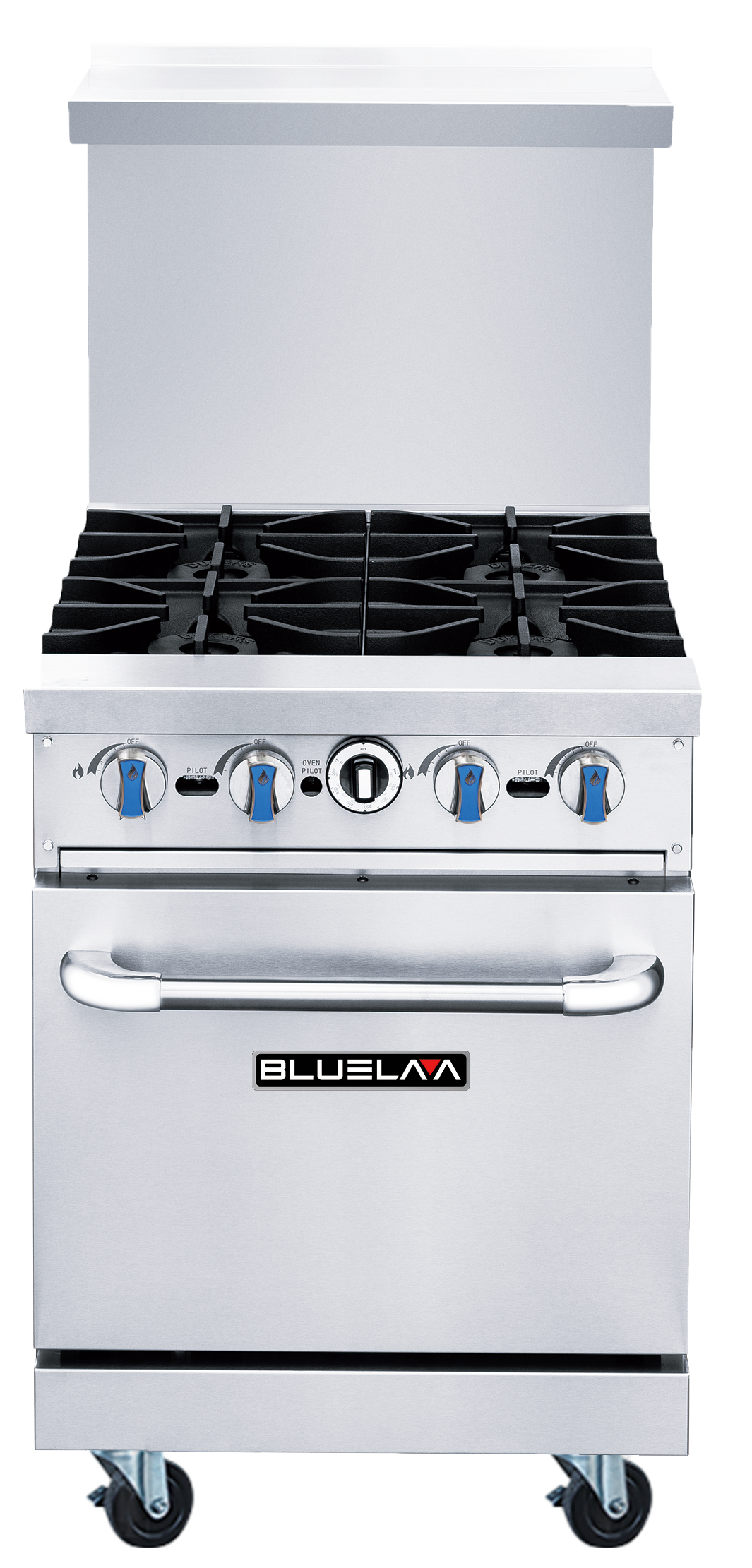 Blue Air BLR24-4B 24" gas range with 4 open burners and a standard oven, front view