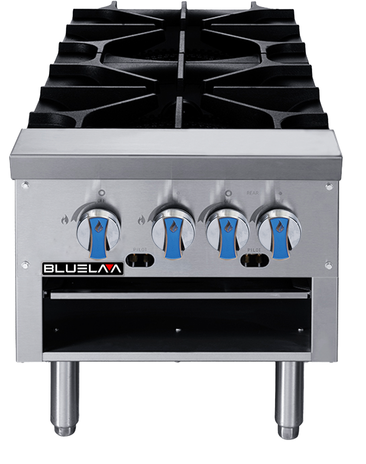 Blue Air BLSP2-L low gas stock pot range with four control knobs, front view