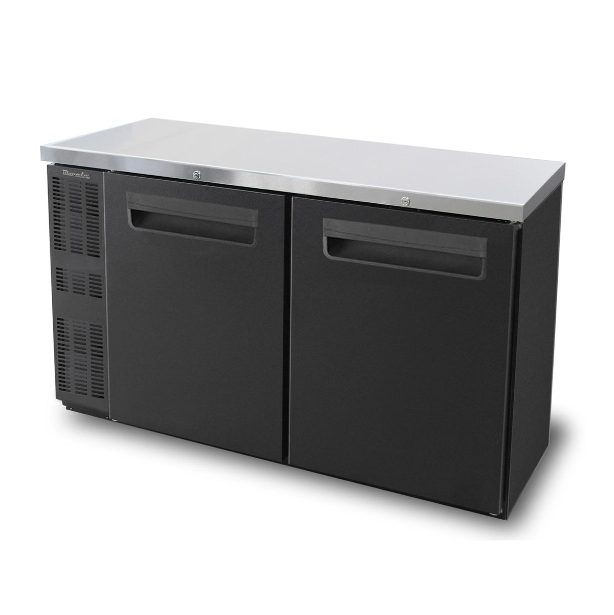 Blue Air BNB-60BT-HC narrow back bar cooler with solid doors, black finish, front angle view