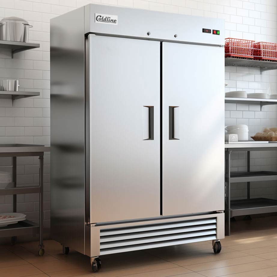 Coldline C-2RE solid door reach-in refrigerator, in a commercial kitchen (representative image)