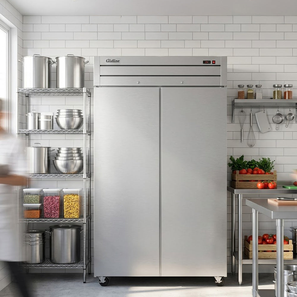 Coldline C-2RR-TM solid door reach-in refrigerator, in a commercial kitchen (representative image)