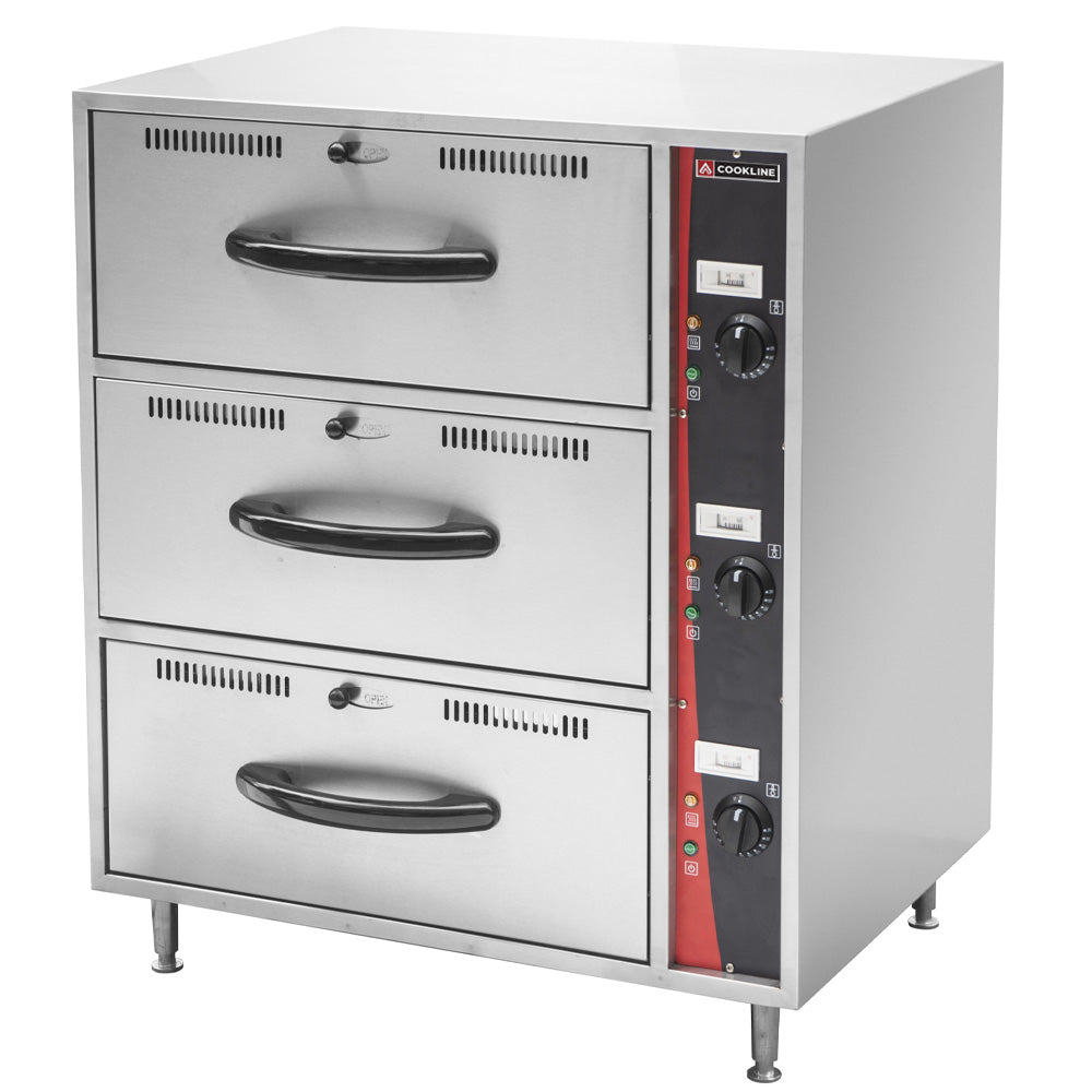 Cookline C-DW-3 triple freestanding drawer warmer, front angle view