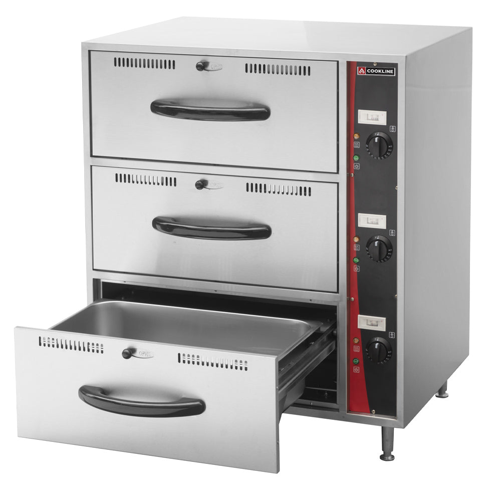 Cookline C-DW-3 triple freestanding drawer warmer, with the bottom drawer open